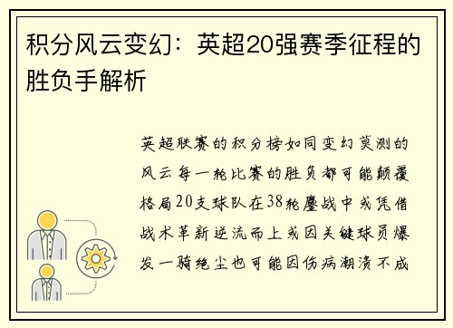 积分风云变幻：英超20强赛季征程的胜负手解析
